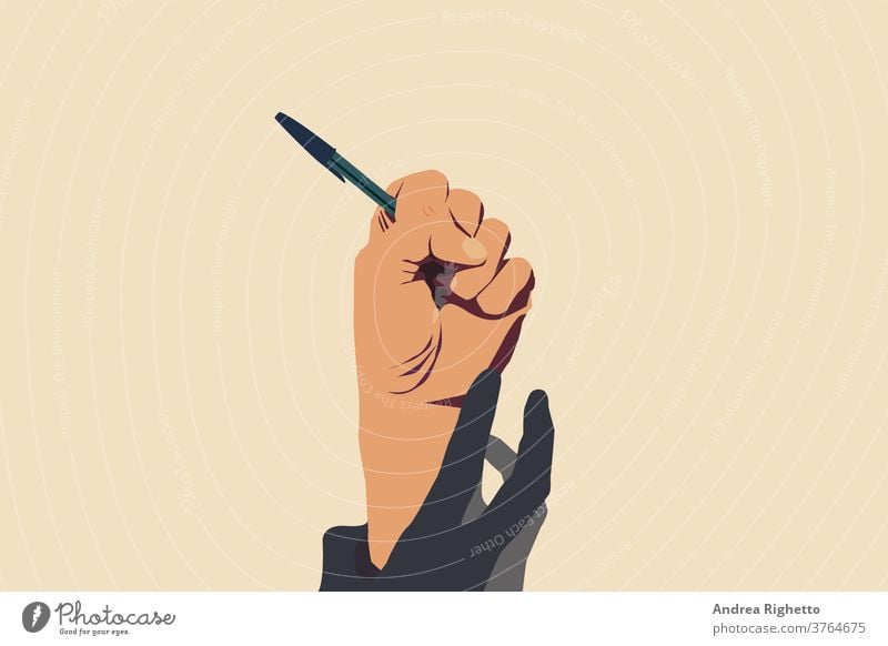Concept of freedom of speech and information, stop censorship. Hand holding an open pen. It is dragged down by another hand. Vector Illustration with light yellow background