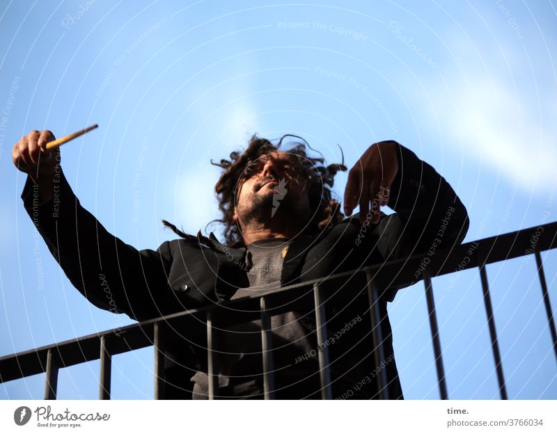 The conductor, piano Handrail Man Baton Wild Tails Sky Clouds Dark-haired Freak engaged Passion Conductor dirigat posture devotion emotion Worm's-eye view