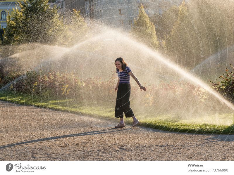 A cooling off in summer: a young woman between shock and happiness Lawn sprinkler Water Summer refreshingly Fresh young girl Young woman Spray Blow up Sun Park