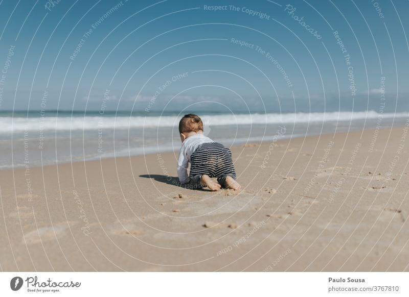 Toddler crawling on the beach Crawl Sand Sandy beach Beach SEA Baby Child Summer vacation Colour photo Water Coast Exterior shot Ocean Vacation & Travel