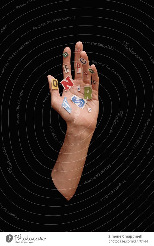 Hand with paper letters Black Surrealism Letters (alphabet) Letters and newspapers Typography Text Latin alphabet communication Word Communication