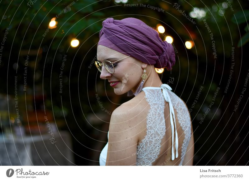 BRIDE - EVENING - SUMMER - EYES CLOSED - SCARF Woman 18 - 30 years Eyeglasses lace dress Bride Wedding dress purple White hip vintage eyes closed Back