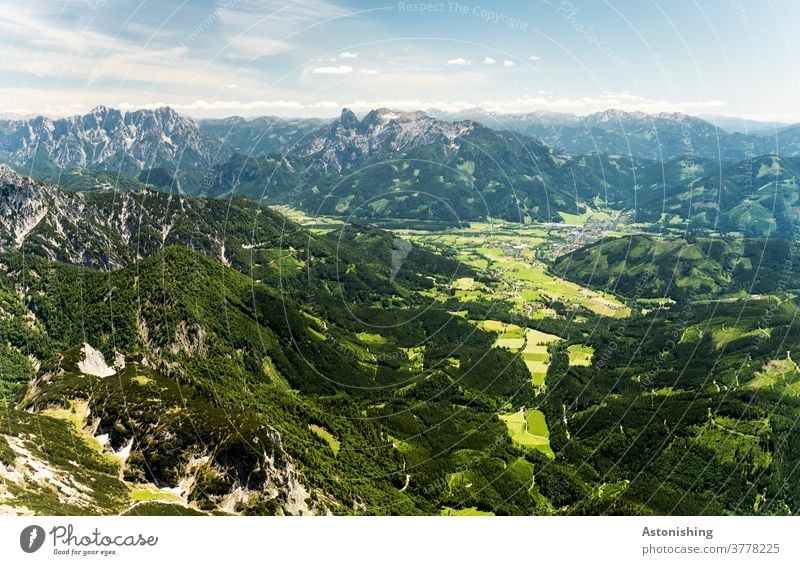 View from the mountain to the valley Valley Landscape Alps Austria green Nature Admont Mountain Exterior shot Sky Panorama (View) Hiking Vantage point Peak