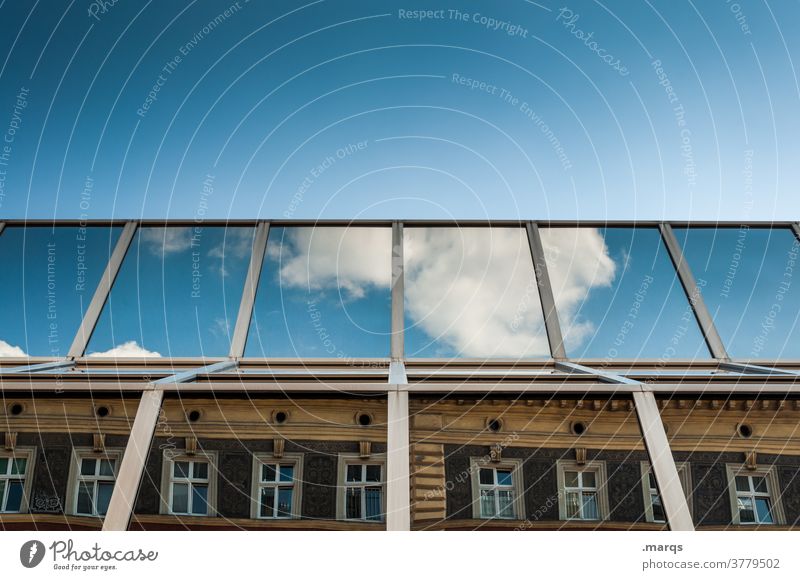 Everything under one roof House (Residential Structure) Glas facade New building Old building Window antagonism Sky Beautiful weather Clouds Cloudless sky