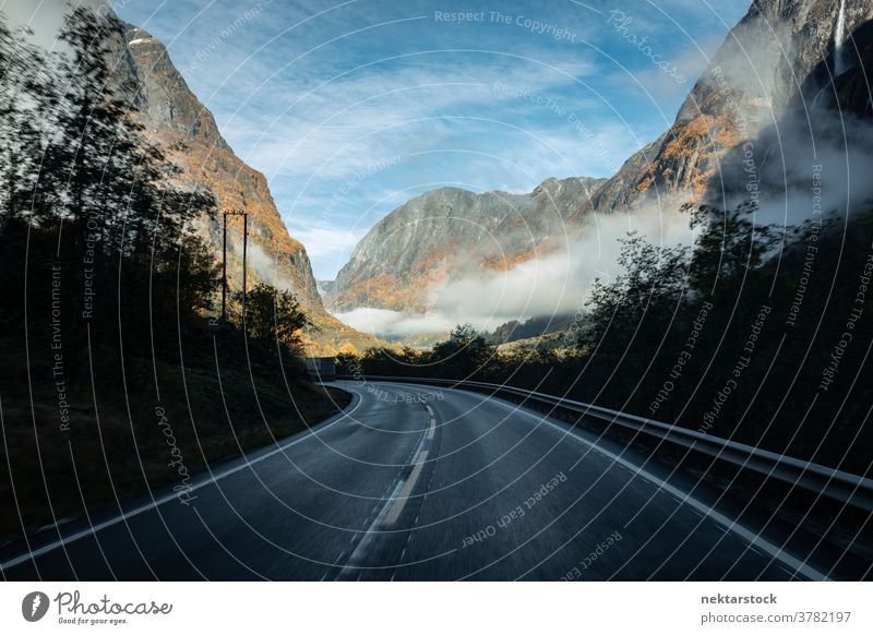 Mountain Highway in Autumn with Vanishing Point Road highway mist cloud landscape Norway north autumn mountain mountainous vanishing point point of view pov