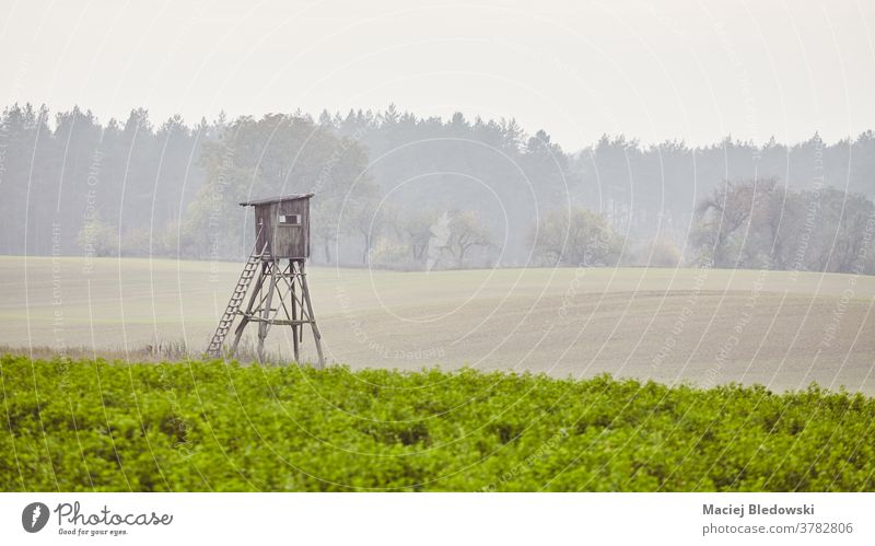 Wooden hunting blind on a field in an autumnal misty morning. pulpit stand tower agriculture rural landscape nature retro scenery hide filtered effect sky