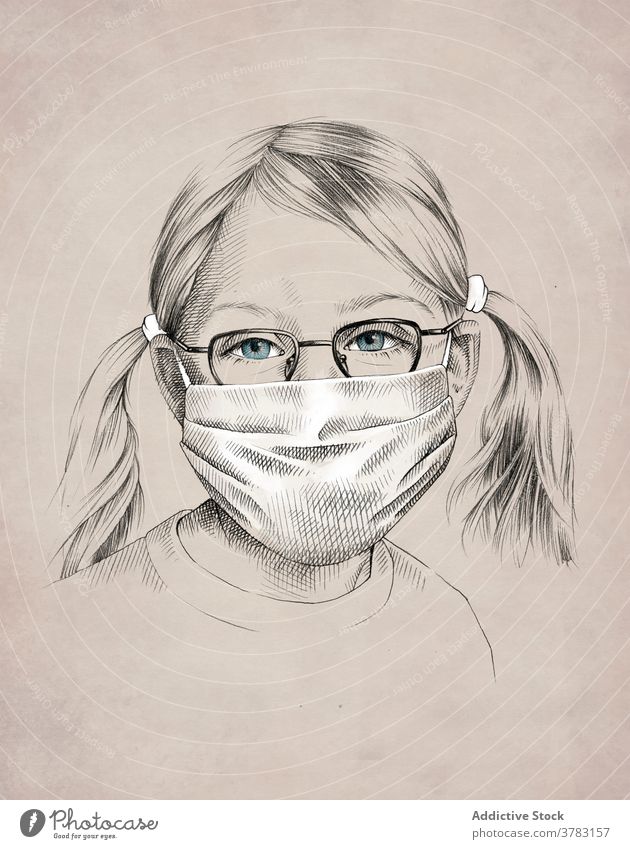 Cute little girl in medical mask protect coronavirus child adorable prevent epidemic drawing picture pencil illustration creative art sketch pandemic kid