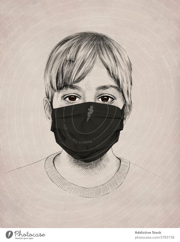 Cute little boy in medical mask protect coronavirus child adorable prevent epidemic drawing picture pencil illustration creative art sketch pandemic kid