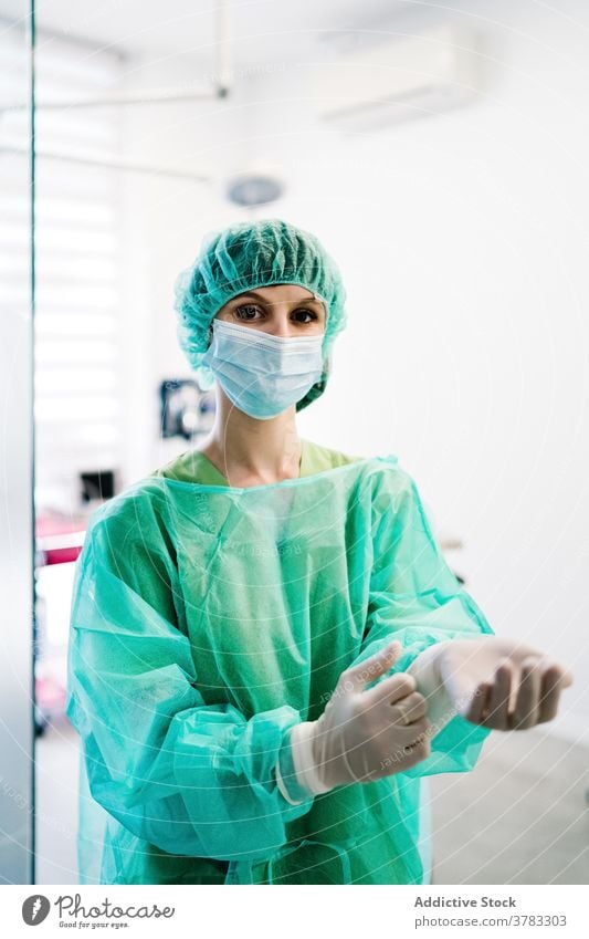 Female doctor in veterinary clinic looking at camera operating theater woman prepare put on glove uniform female mask surgeon job work serious professional