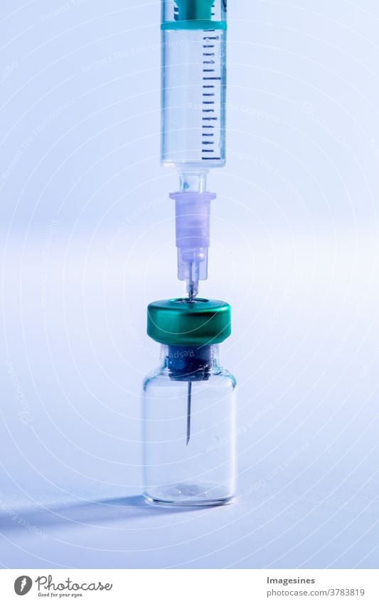 Research. Syringe and vaccine. Concept for research, medicine, pharmacy and healthcare. pharmaceutical Vertical Accuracy analysis antibiotic Support Biology