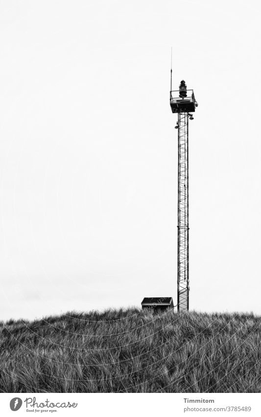 phenomenal duene Marram grass Hut Pole Tall Antenna Measuring station Denmark North Sea Deserted Sky Covered Black & white photo Vacation & Travel Wind