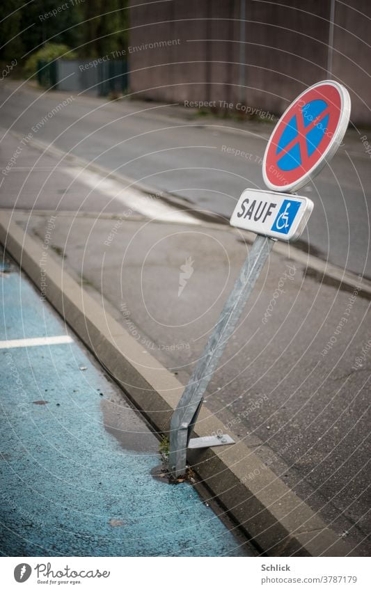 Surrounding traffic sign Disabled parking in France disabled parking Road sign warped bent Vandalism Text on Prohibition sign Wheelchair symbol Sign No standing