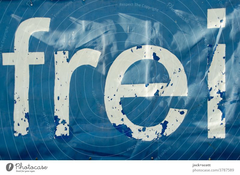 simply free Free Word Typography Freedom Communication transparent Signs and labeling Visual spectacle Weathered Ravages of time Blue White Characters Flake off