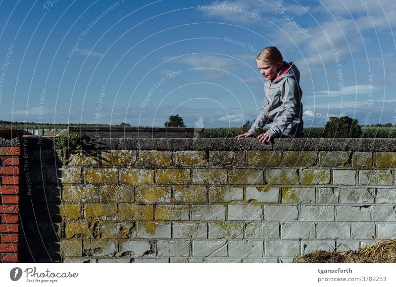 On the wall Child Infancy Effortless Playful climbing Girl Joy Exterior shot Colour photo Human being Playing Cheerful portrait Wall (barrier) masonry