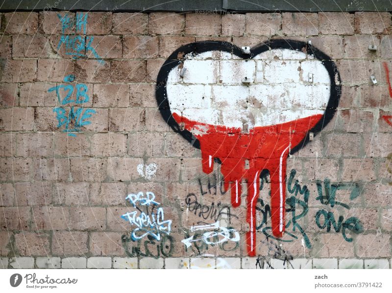 Lost Love Declaration of love Romance Heart-shaped Sign Wall (building) Facade Graffiti Wall (barrier) Building Berlin street art Red White Flow Brick brick