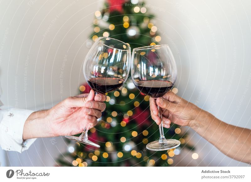 Crop couple raising glasses of red wine near Christmas tree friend cheers clink celebrate christmas new year holiday festive shiny beverage bright alcohol drink