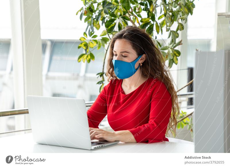 Woman in mask working on laptop entrepreneur project typing woman coronavirus covid 19 protect using female workplace browsing table device gadget netbook