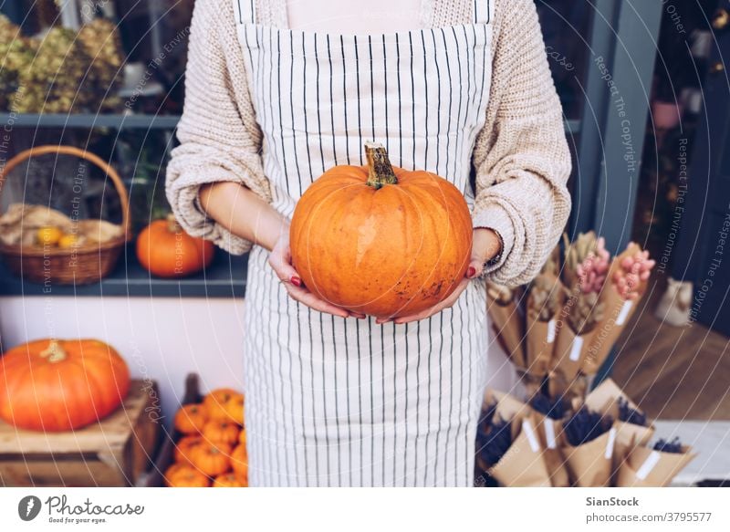 Woman holding halloween pumpkin at her flower shop.
 Fall autumn concept. hands girl apron backgrounds healthy store urban outdoors lifestyle food eating nature
