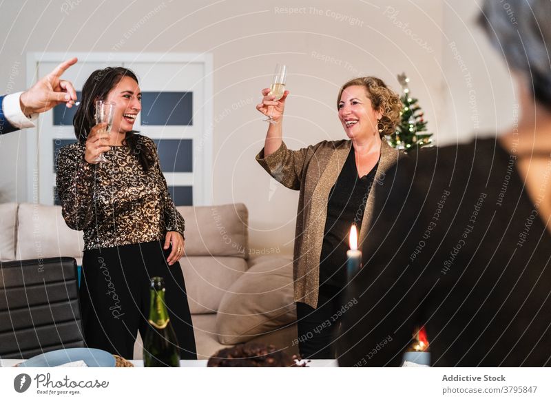 Delighted women celebrating Christmas at home christmas party drink champagne toast cheers together cozy outfit company festive people cheerful holiday merry