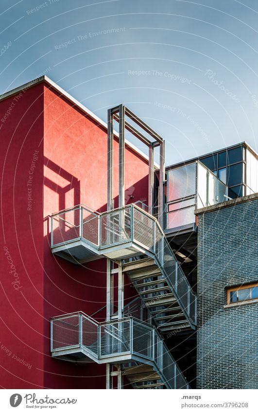 fire escape Stairs Building Modern Red Gray Cloudless sky Beautiful weather Shadow Light Architecture Sky Cubism