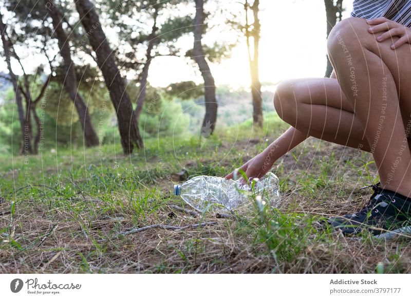 Crop woman picking garbage in forest plastic pollute waste ecology problem natural female volunteer bottle woods environment nature care trash clean hygiene