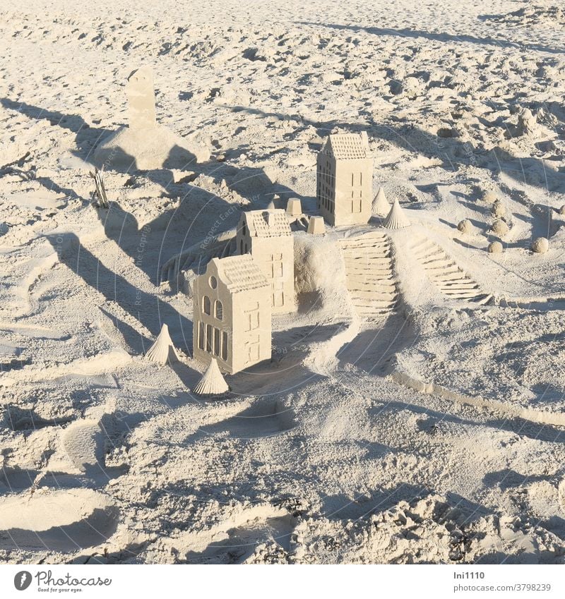 Houses with sea view Houses made of sand Beach Sand transient Sand Art fun Build Joy Playing vacation hobby Island Wangerooge rectangular houses trees