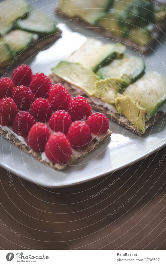 #A# Breakfast with raspberries and avocado Food photograph Eating Diet Healthy Eating Organic produce Colour photo Avocado Vegetarian diet Nutrition Crispbread