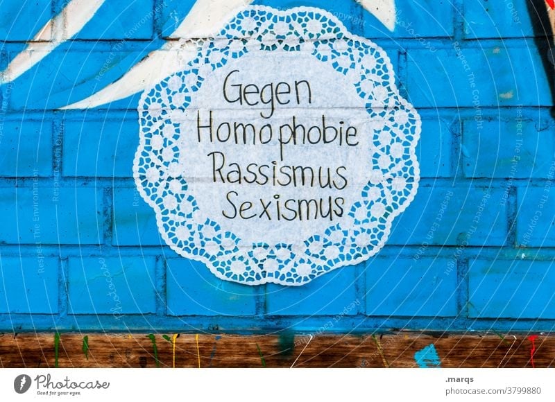 Against homophobia Racism Sexism Protest Wall (barrier) Blue Decoration Characters Pattern Solidarity Society Humanity Fairness equality
