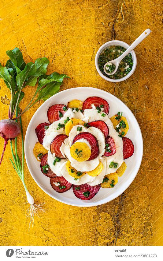 Beet, Yellow Beetroot & Mozzarella Eating food and drink beetroot Red beet Food Vegetable Nutrition Vegetarian diet Food photograph Colour photo vegetarian