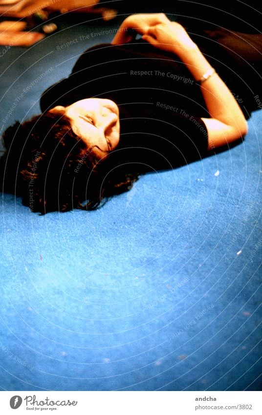 ...on the ground but not destroyed* Woman Ground Blue Black Carpet Contentment Relaxation Fatigue Photographic technology Lie