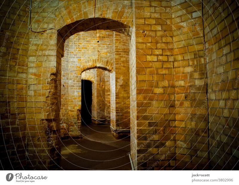 just straight on between old walls Manmade structures Architecture Room Brick Historic Vault Structures and shapes Corridor Masonry Subsoil Weathered Old