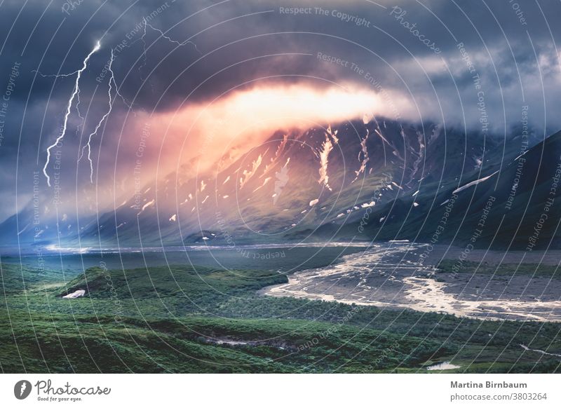 Thunderstrom with lightning in the Denali National Park, Alaska park national denali alaska mountain landscape clouds fog thunderstorm travel usa wilderness