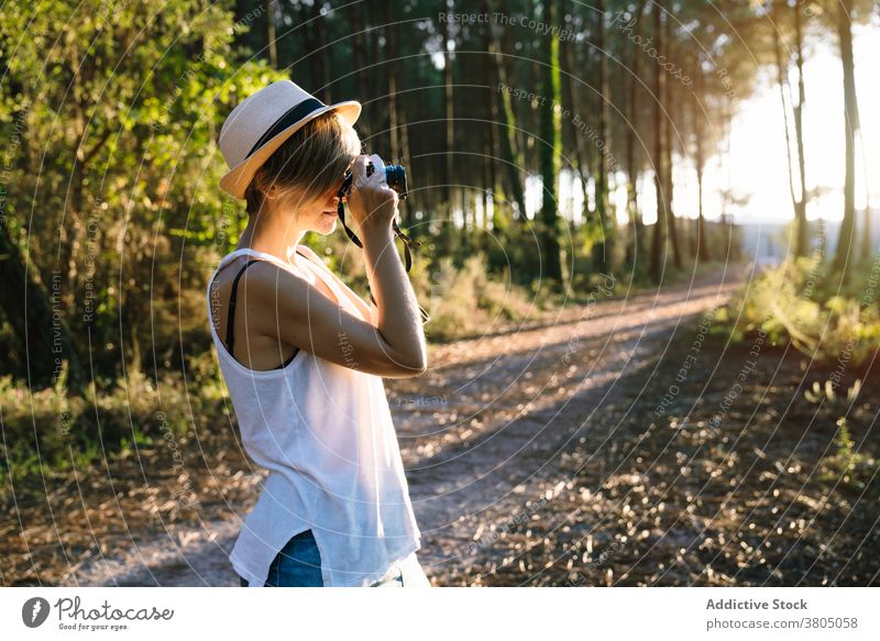 Anonymous young woman photographing nature in forest take photo admire wanderlust travel photographer vacation trip summer shoot female casual hat path hobby