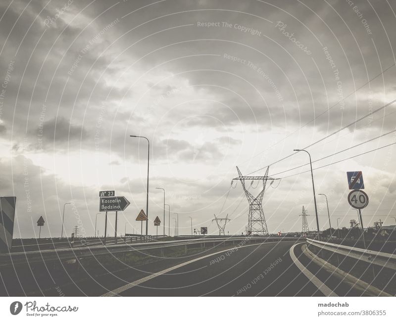 road trip stream Energy Electricity pylon Street Transport Mobility Poland Energy industry Road signs voyage Car Energy crisis Environmental protection