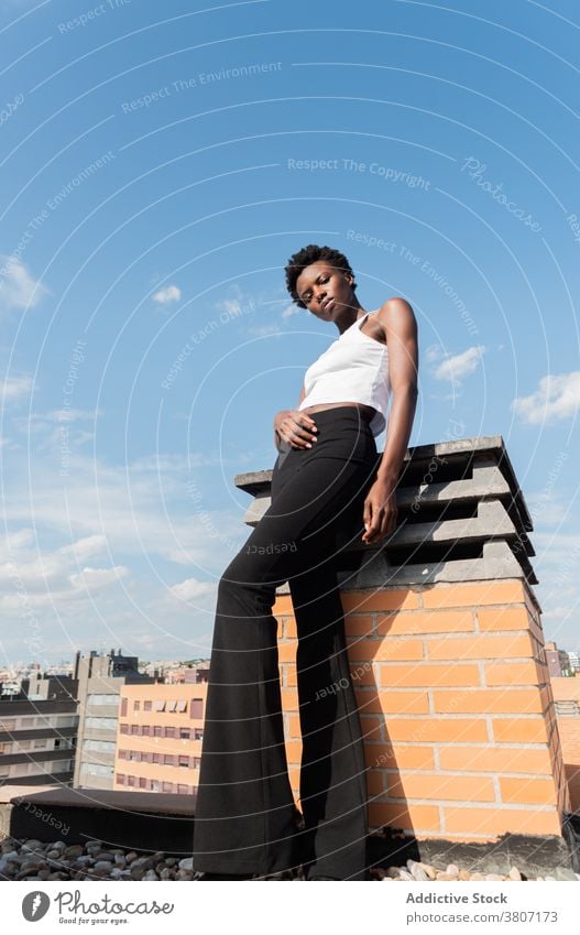 Stylish black female model standing graciously on rooftop woman style appearance confident outfit cool glamour calm slender positive serene unemotional sensual