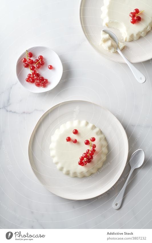 Delicious Italian panna cotta with red currants in cafe dessert treat sweet berry tasty plate spoon bright delicious cafeteria fresh yummy restaurant appetizing