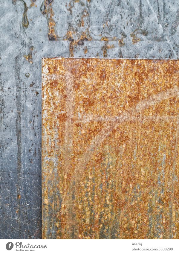 Two different steel sheets geometrically arranged Steel Iron Rust Industry Industrial Photography Old Metal Tin Clarity Arranged Behind one another Contrast