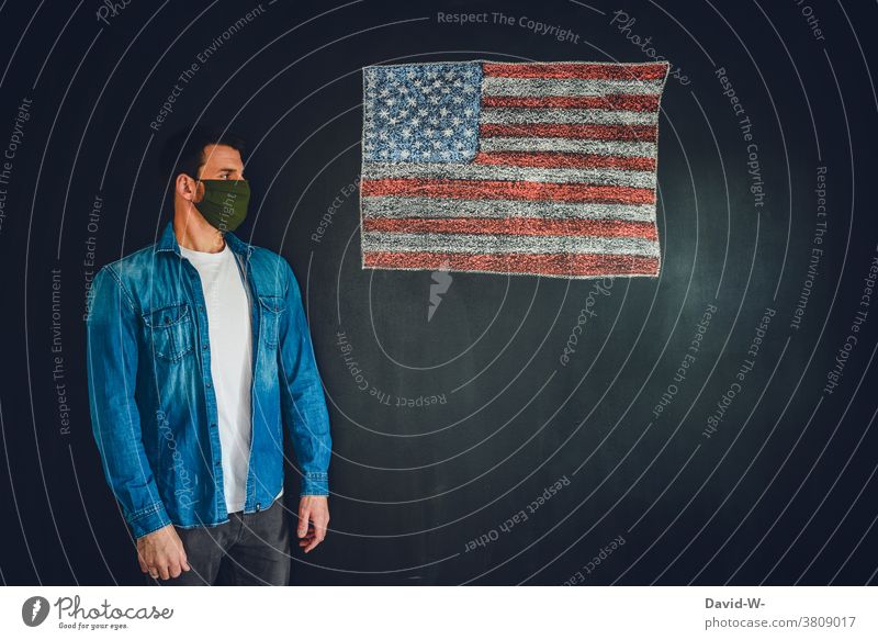 America and Corona USA coronavirus Americas Respirator mask Man Infection Protection flag American Fear