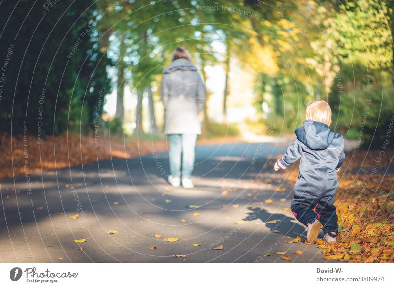 Mother and child on a walk in autumn Autumnal To go for a walk foliage Child stroll Forest leaves