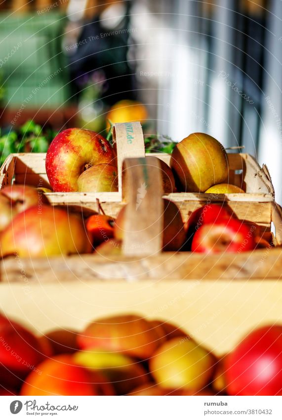 Apple harvest in baskets Basket Sour Wet Delicious Healthy To enjoy Feeding Nutrition Fruit Food Shallow depth of field Day Copy Space top Exterior shot