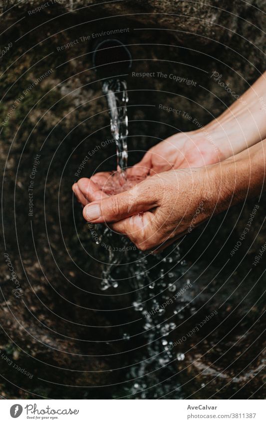 Close up of two old hands taking water to drink from a natural font in the forest washing hands corona-virus color image cleanliness catch motion wet flowing