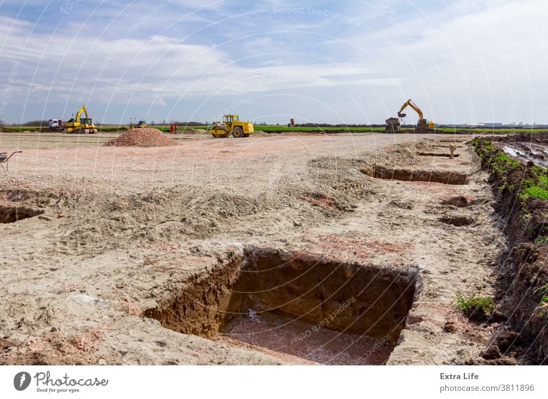 Lined square trenches at construction site Alignment Area Base Building Site Civil Engineering Down Earth Earthwork Foundation Frame Gravel Ground Hole