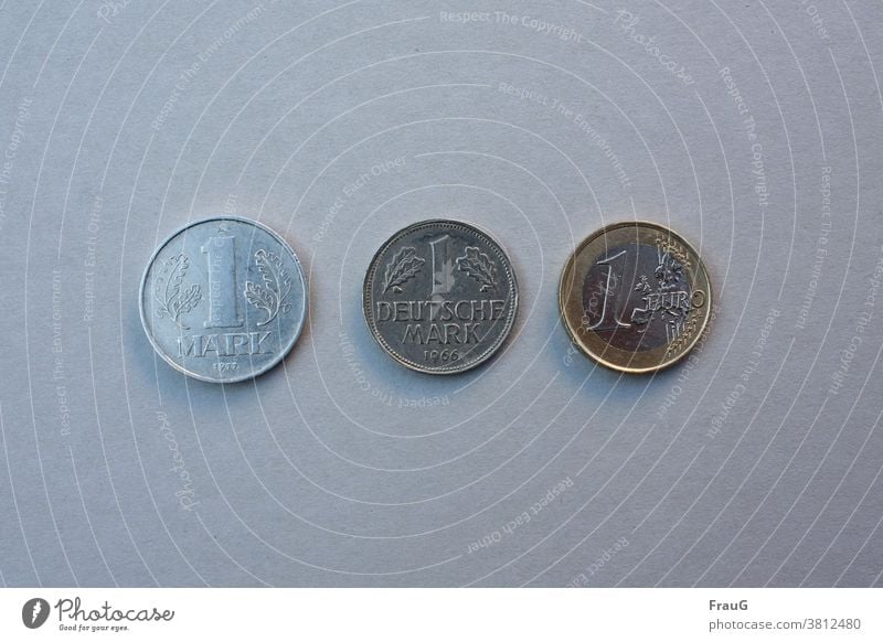 The Mark in the course of [contemporary history Coins Money Means of payment small change Loose change Hard cash Mark of the GDR German mark Euro Embossing