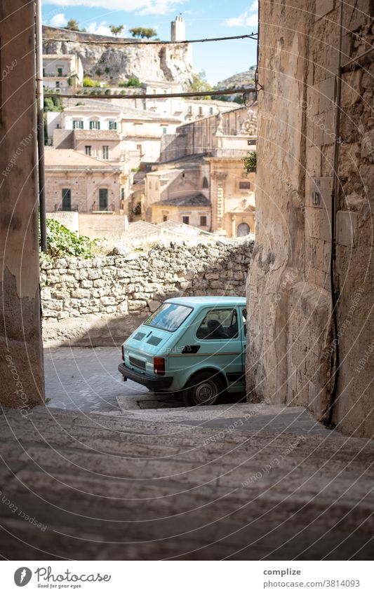 Small car in an alley in Sicily Vintage car modica Alley Narrow Old town Town Historic vintage Patina Street urban Stairs House (Residential Structure) houses