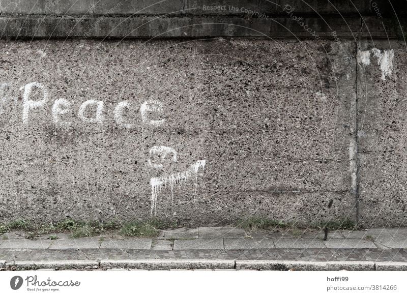 'Peace' lettering on rough concrete wall peace Word Daub Sign Letters (alphabet) Characters spraying sprayer Wall (barrier) Handwritten typographically