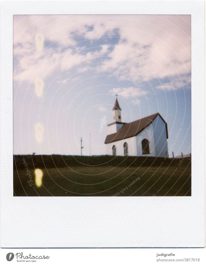 Polaroid of an Icelandic church Loneliness Building Exterior shot Deserted Colour photo Roof Window Moody Facade Wall (building) Blue Sky Meadow Church