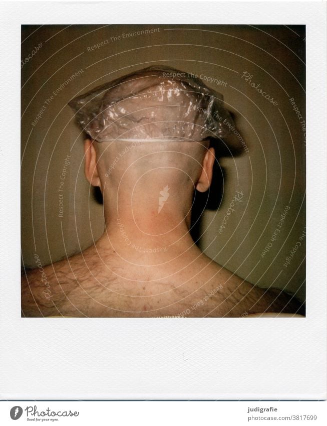 Bald man with shower cap on Polaroid Man Adults portrait Colour photo Back of the head Shower cap Interior shot Head Hair and hairstyles Skin Protection