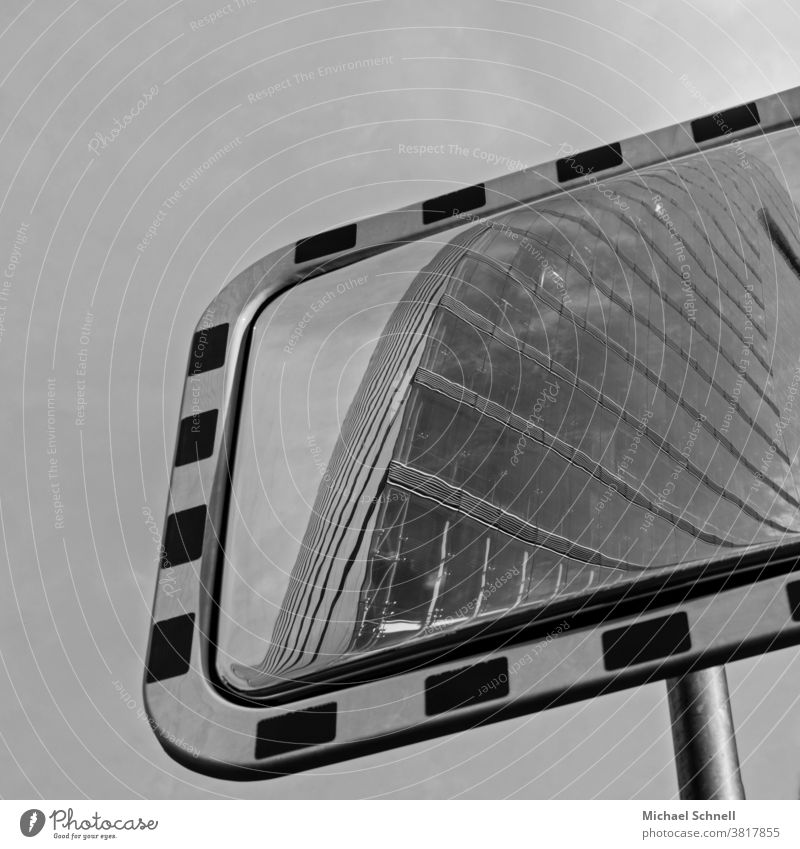 Reflection of a high-rise building in a traffic mirror Mirror reflection traffic mirrors High-rise High-rise facade Architecture Glass Facade Building Window