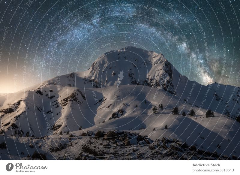 Snowy Pyrenees under bright starry sky in evening pyrenees nature snow highland milky way atmosphere astronomy winter twilight rough ridge scenic landscape