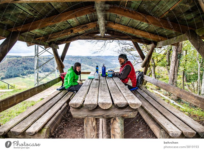 wanderlust Family & Relations Smiling snack Table Hut Break Hiking Vacation & Travel Nature Exterior shot Autumnal Moselle Idyll Mosel (wine-growing area)